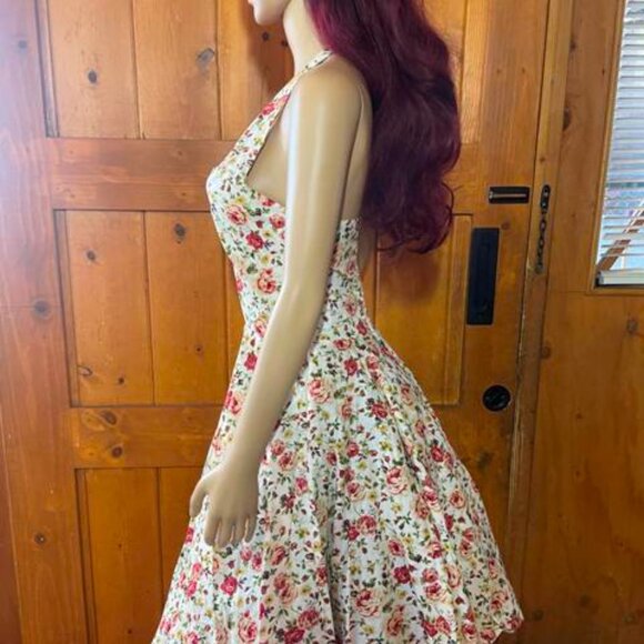 Women's Dress Retro Vintage Swing 1950's Short Sleeve Halter white floral - Picture 4 of 6